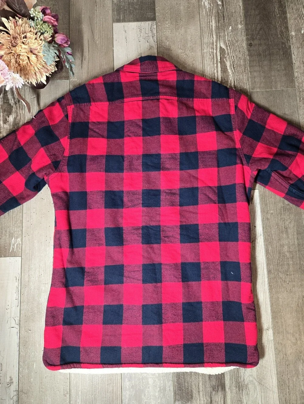 Lands’ End Red & Navy Buffalo Plaid Sherpa-Lined Shacket Men's Size Small